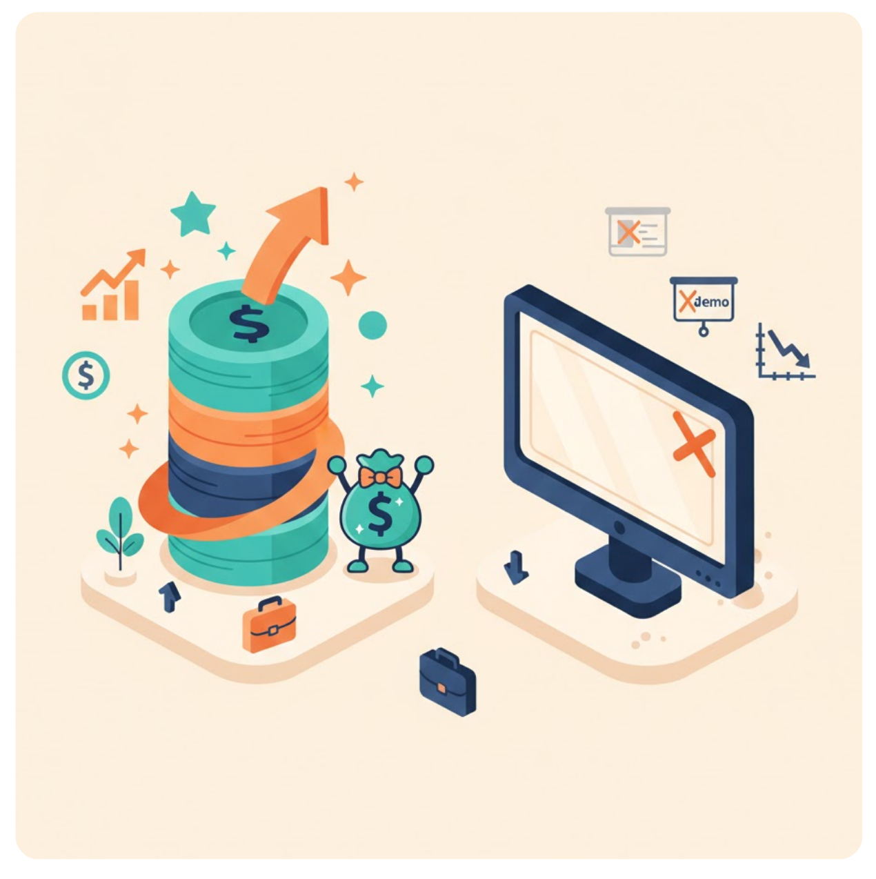 Financial success: Stack of coins with upward arrow, happy money bag, and a computer with financial data and a red 