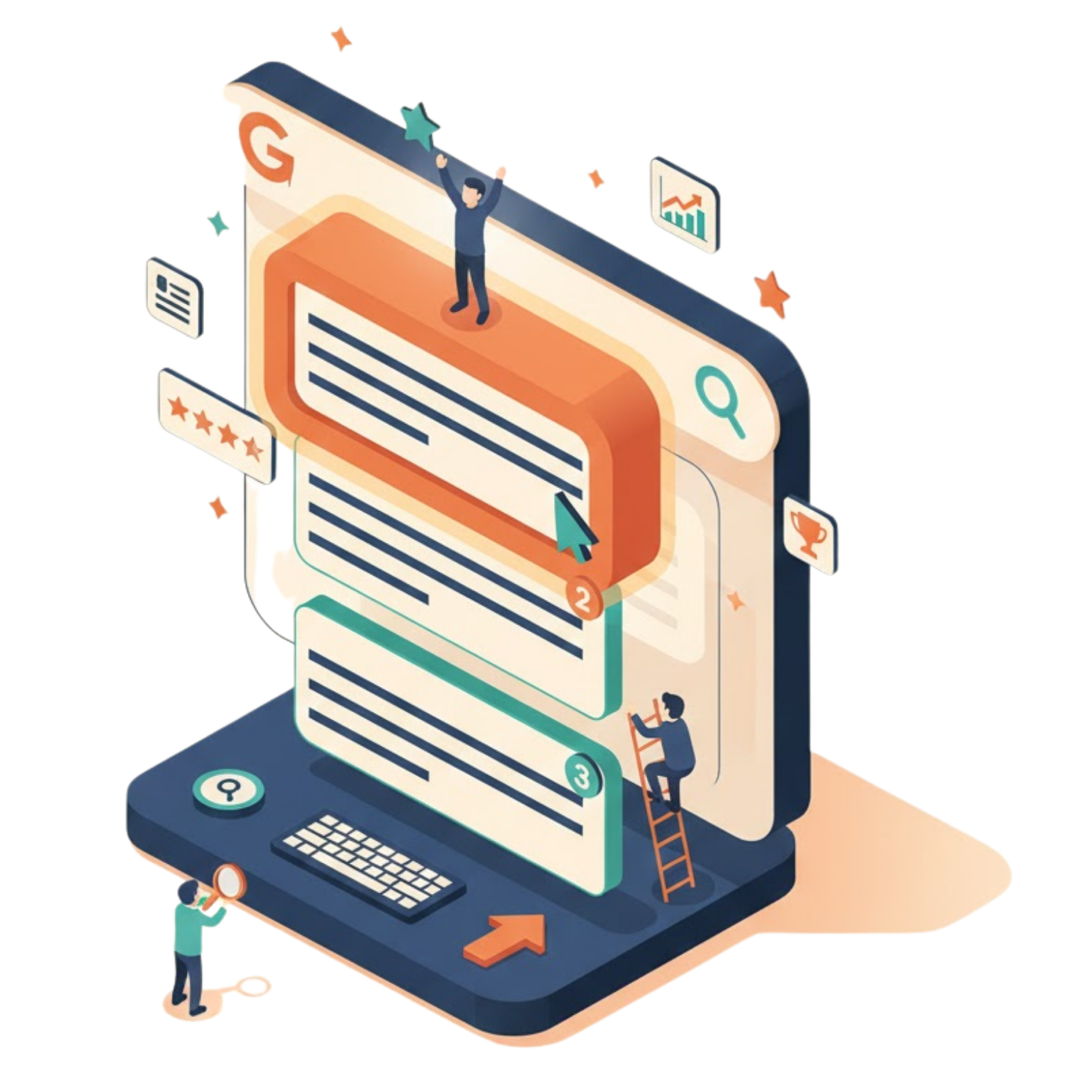 Isometric illustration of a mobile device with Google search results, people interacting with the interface.
