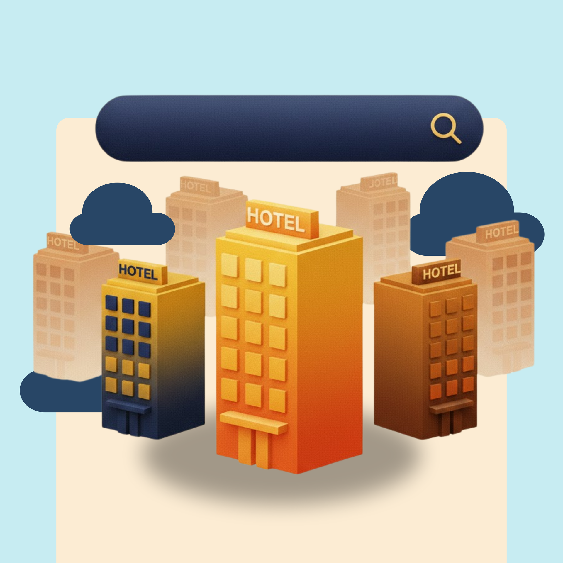 Hotel buildings with a search bar, surrounded by clouds.