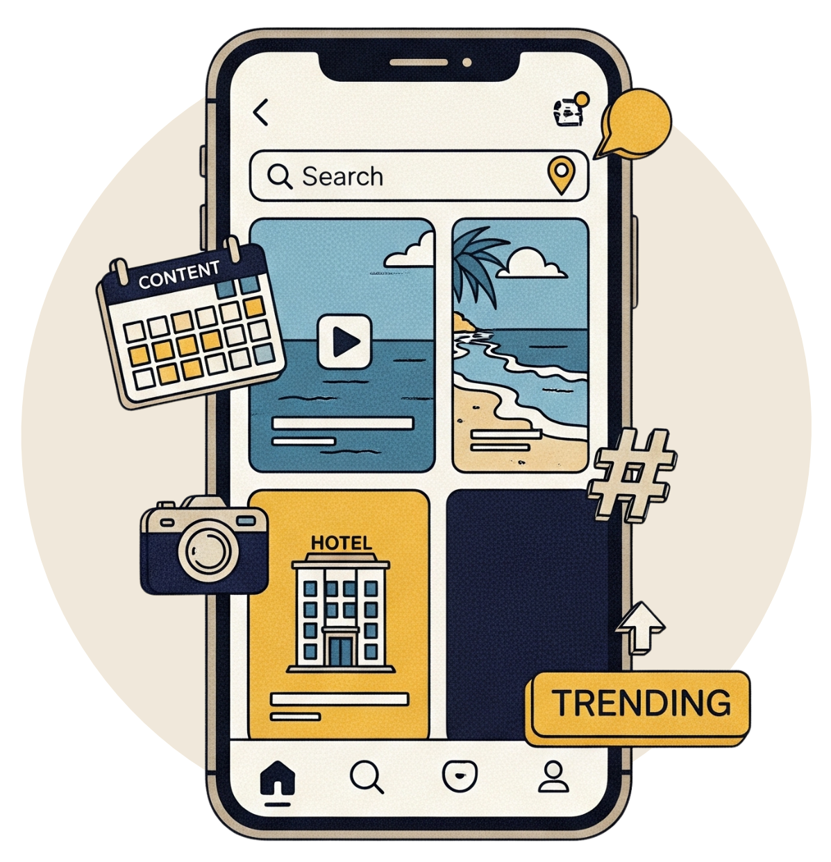 TikTok as a hotel discovery platform, with mobile content, video tiles, and search icons — aligned with LOKAL’s approach to social-driven hotel marketing in the Philippines.