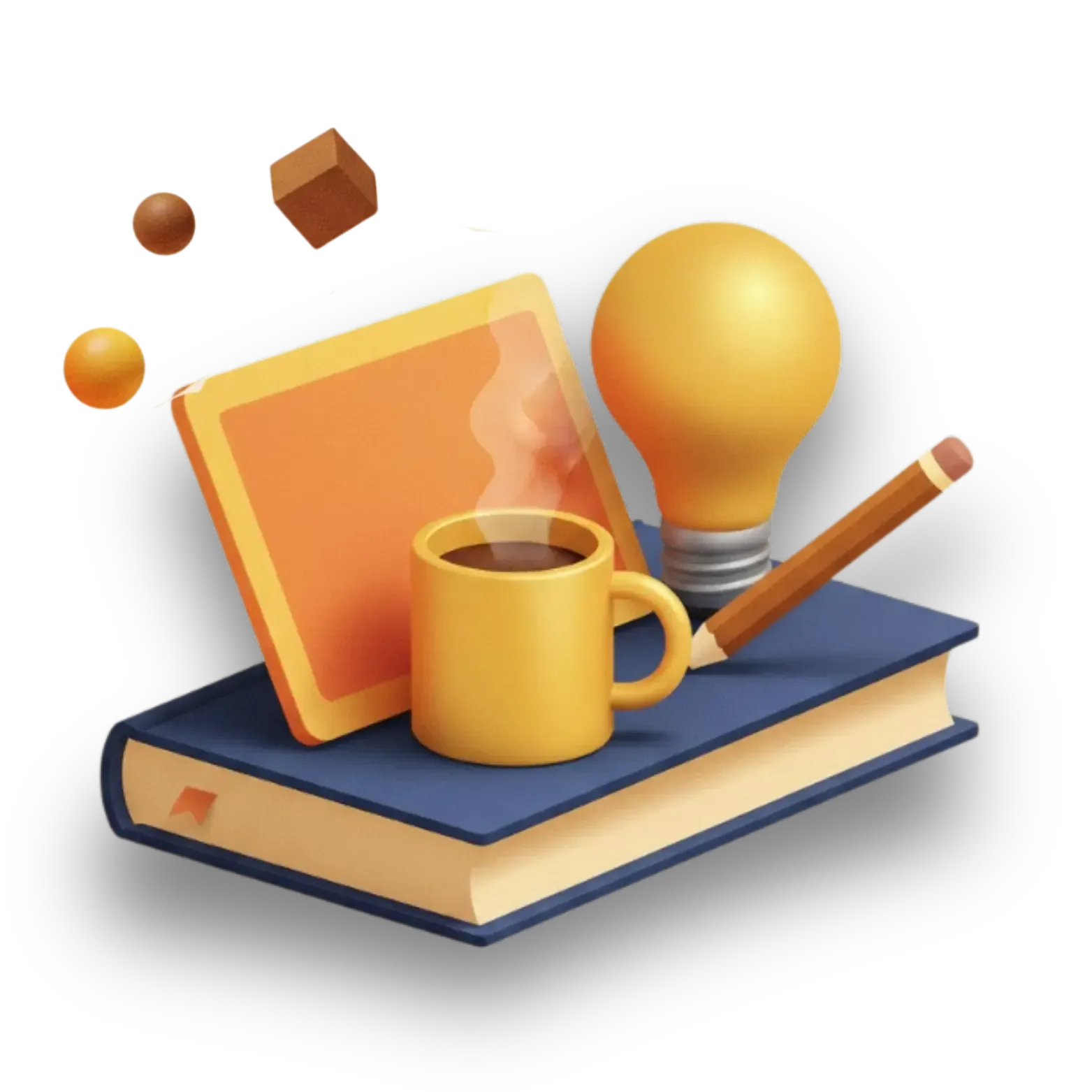 Book with coffee, notebook, pencil, lightbulb, and floating shapes.