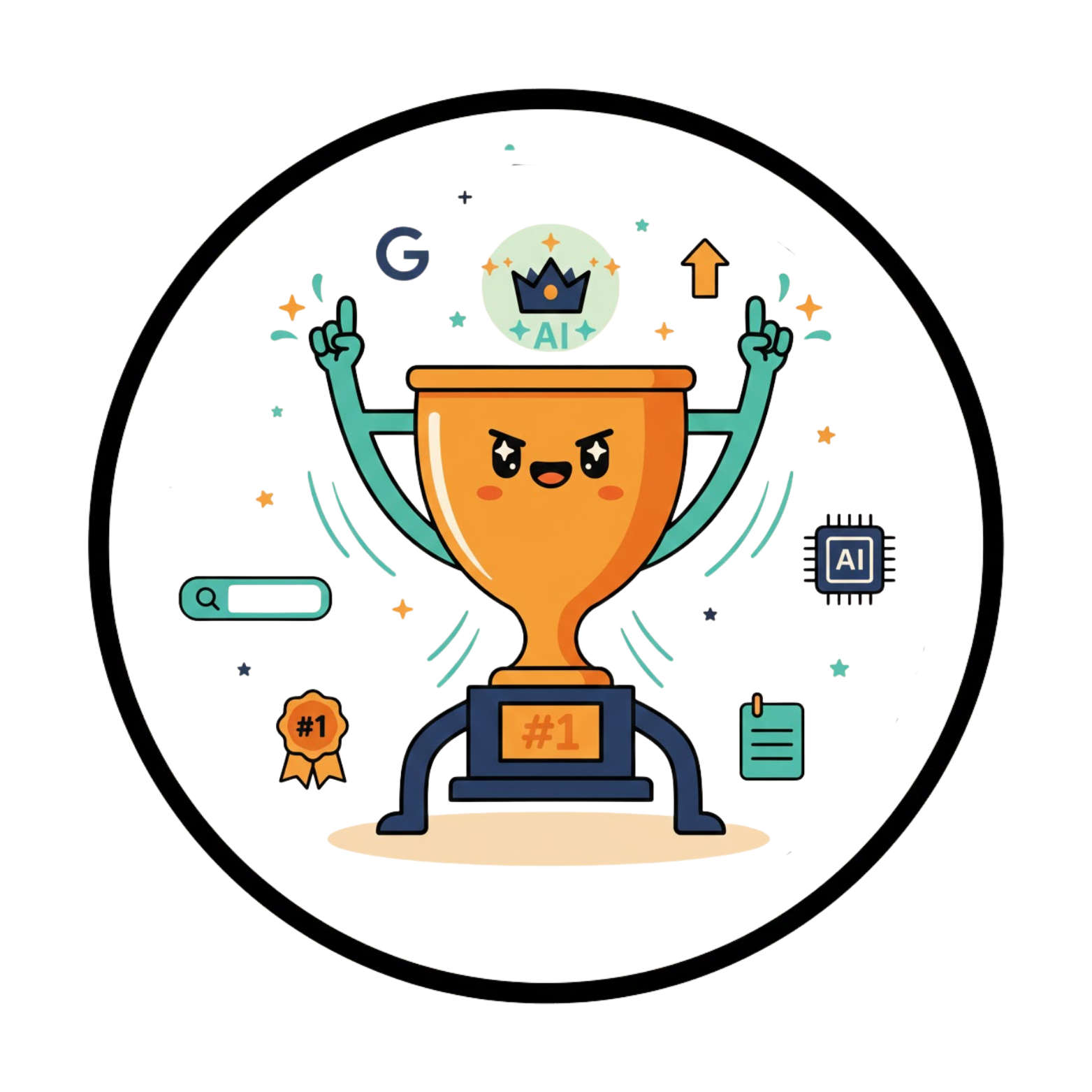 Trophy with arms raised in victory, wearing a crown. Surrounded by SEO-related icons inside a circle.