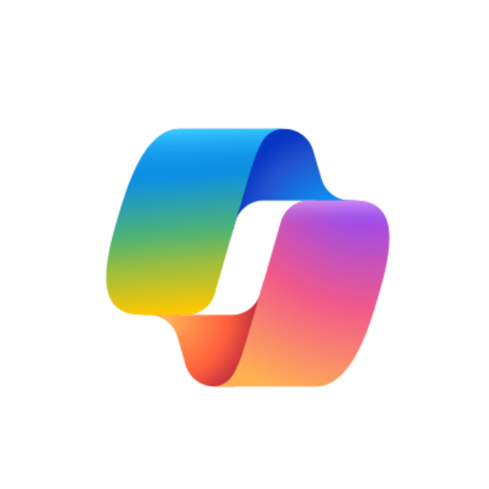 Abstract, colorful ribbon-like shape, blending blue, green, orange, and purple hues.