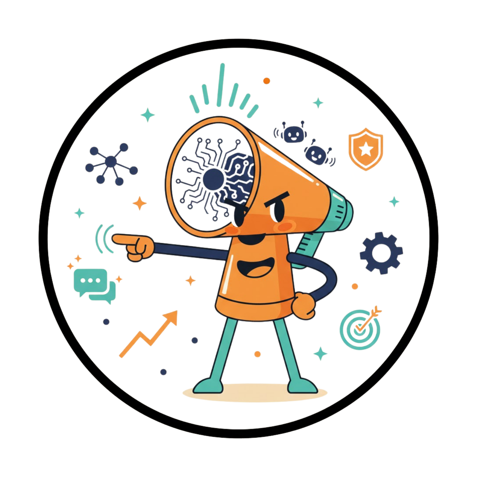 Orange megaphone character pointing, with a brain graphic inside, surrounded by tech-related icons.