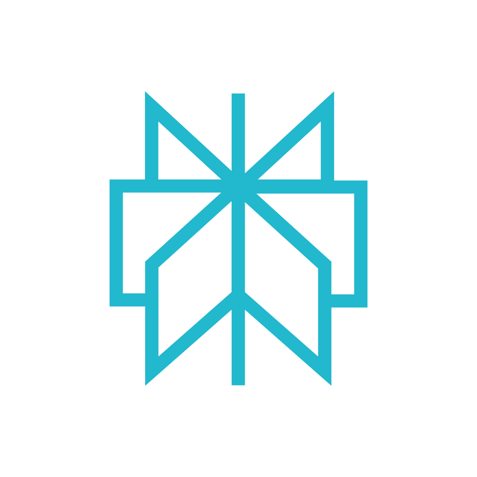 Geometric blue logo, stylized shape resembling a flower or starburst.