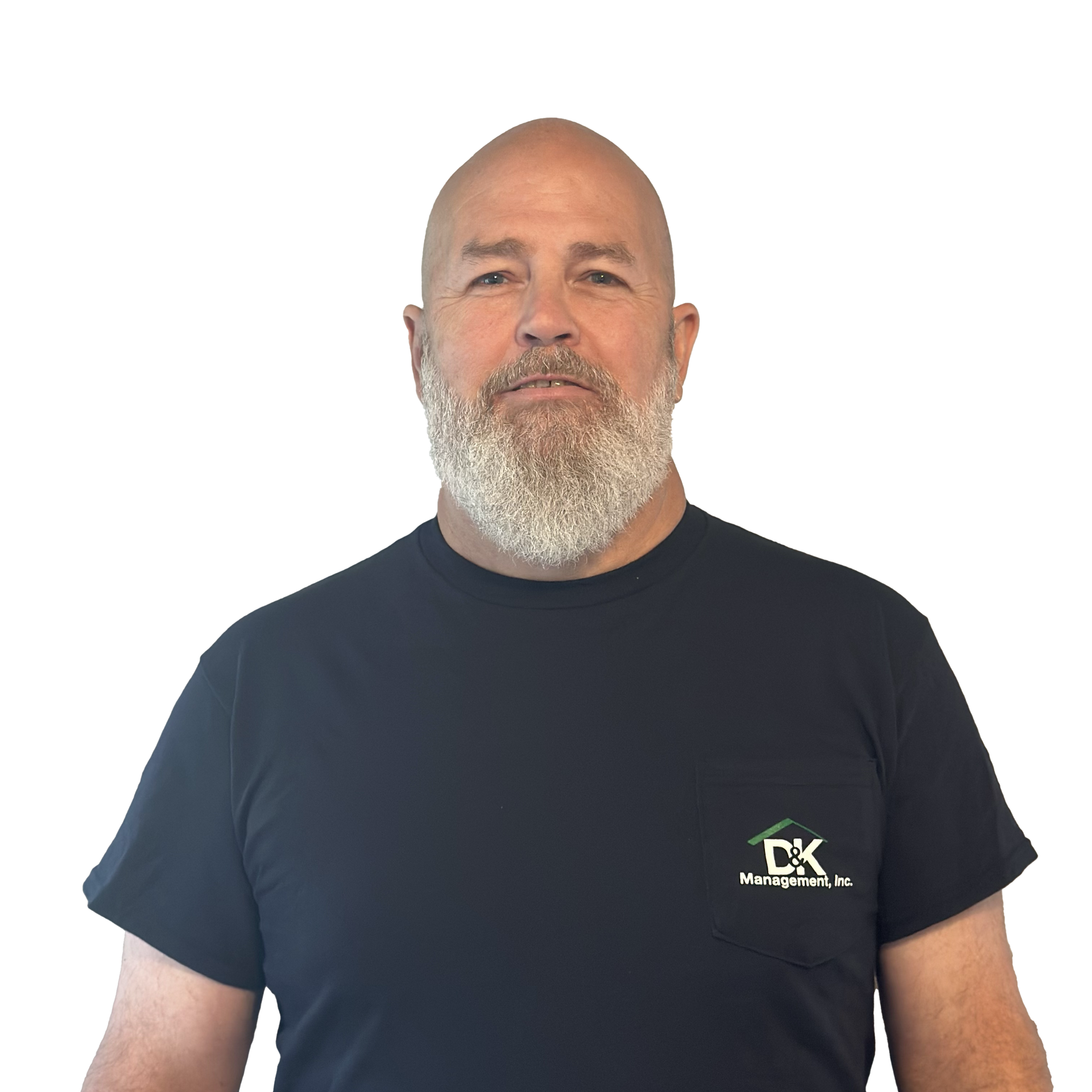 A man with a beard is wearing a black t-shirt with the letters ek on it.