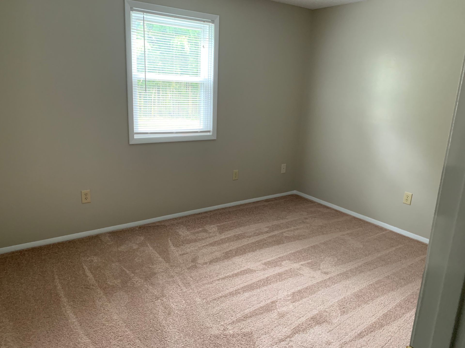 An empty bedroom with a window and a carpeted floor.