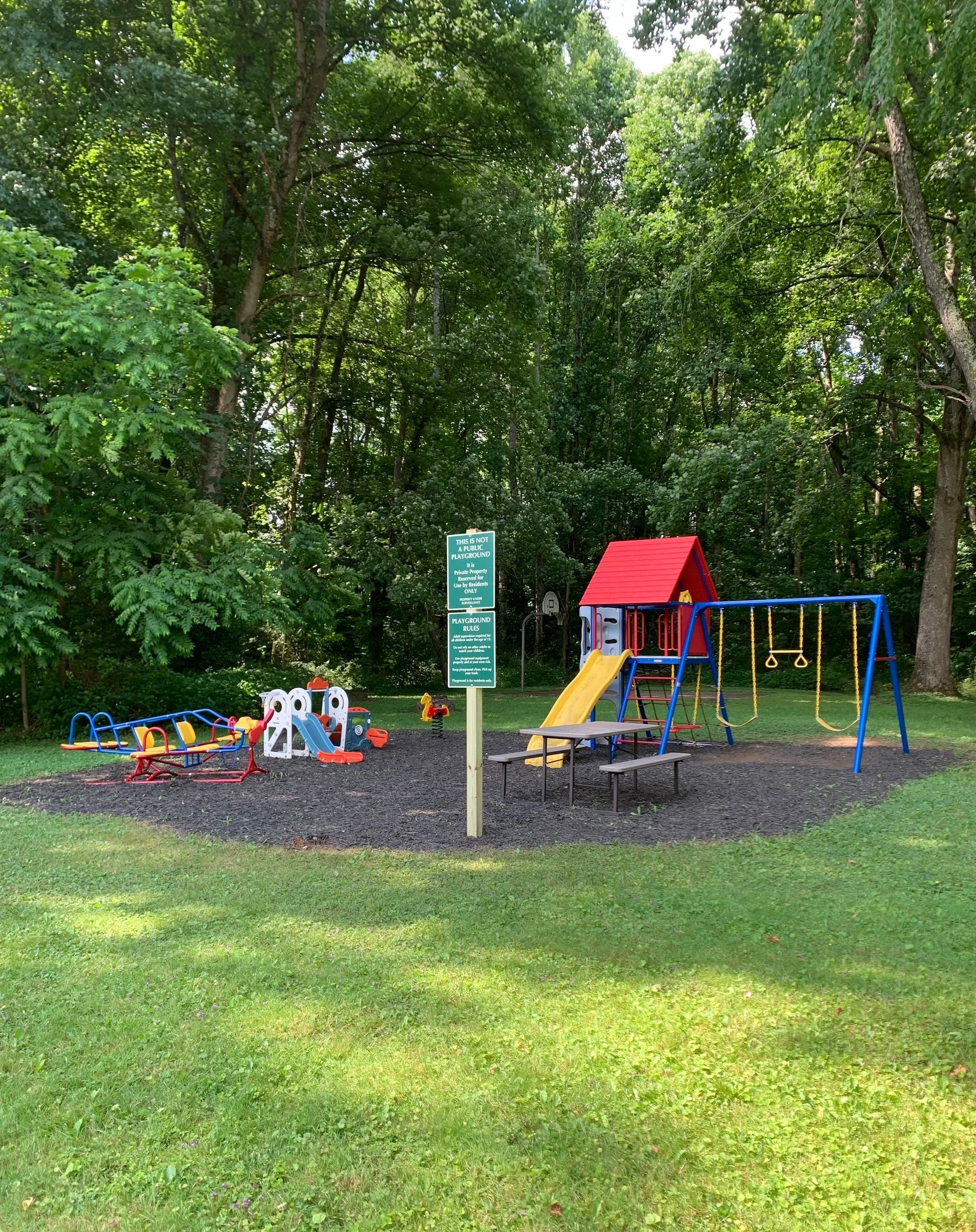 A playground in the middle of a park with trees in the background.