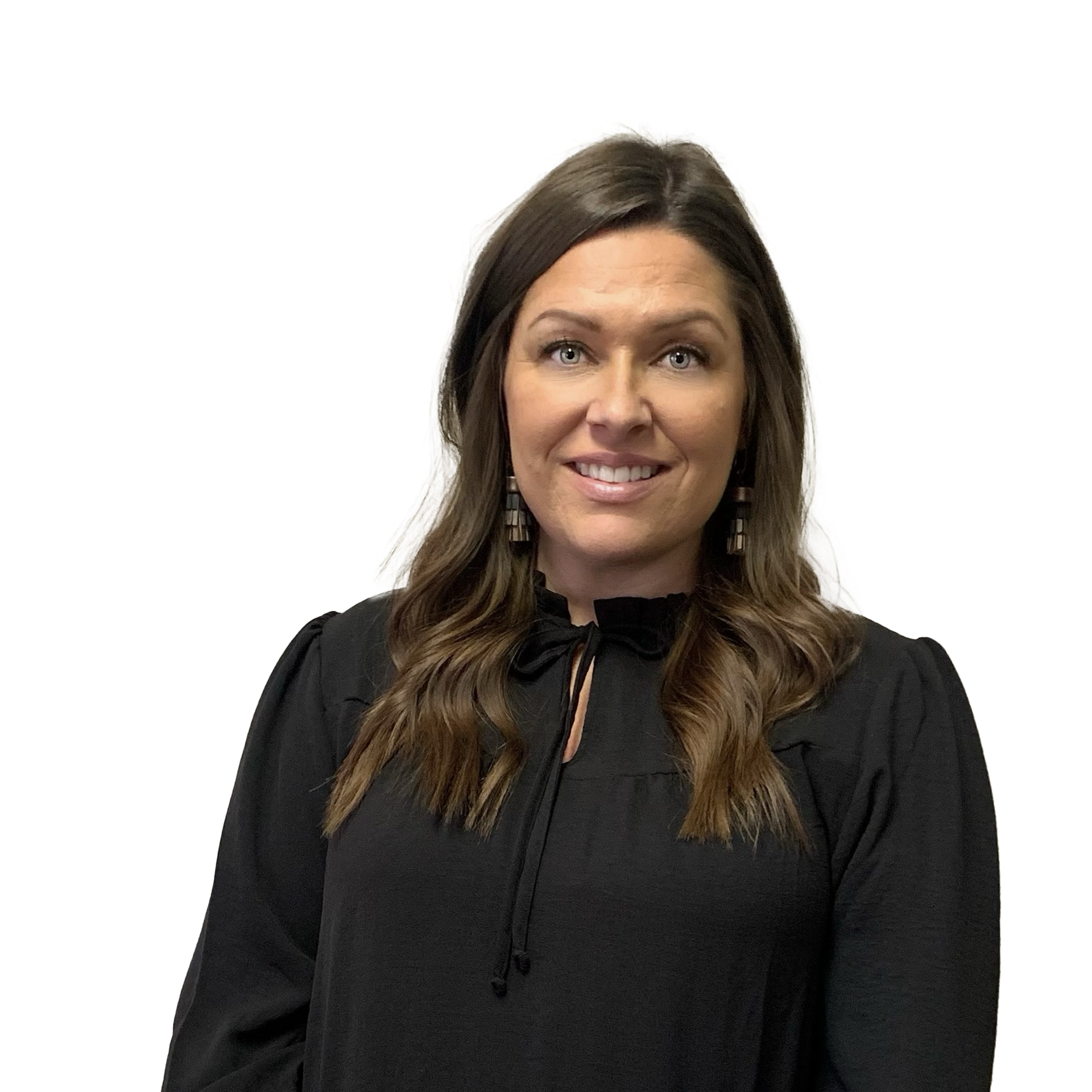 A woman wearing a black shirt and earrings is smiling for the camera.