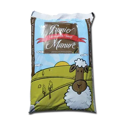 Un sac de fumier avec une photo de mouton dessus