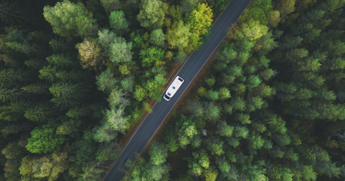 An aerial view of an RV driving down a road that is surrounded by large, green trees on both sides of the road.