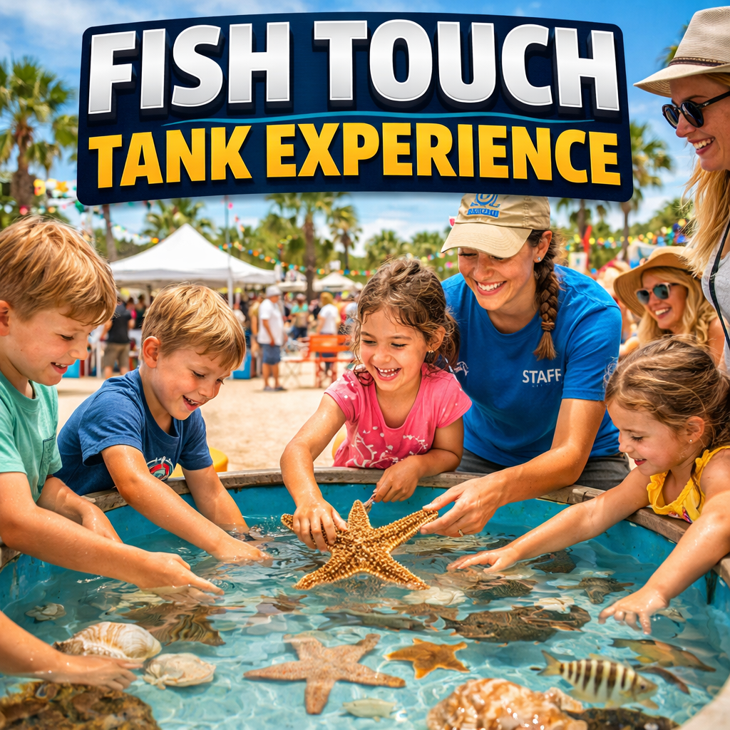 A group of people interact with marine life in a shallow water touch tank under a sign titled 