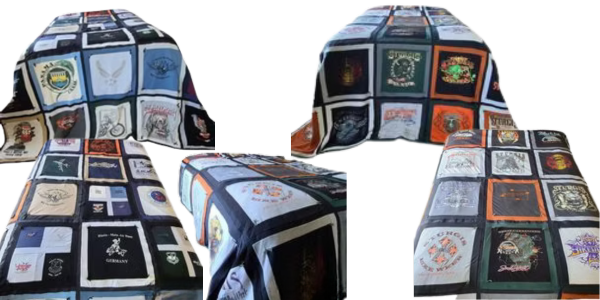 Blankets made of squares cut from t-shirts, with logos and designs.