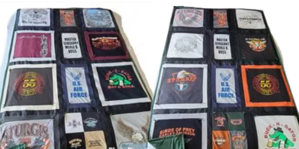 Two black quilts made of square t-shirt designs, each with different logos.