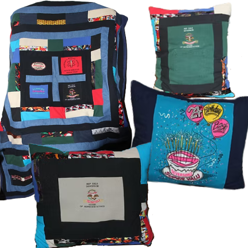 Quilt and pillows made from colorful patches of fabric.