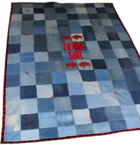 Denim patchwork quilt with red buffalo and text
