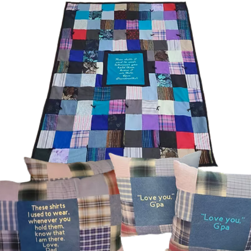 Quilt and pillows made of shirts, with embroidered messages: