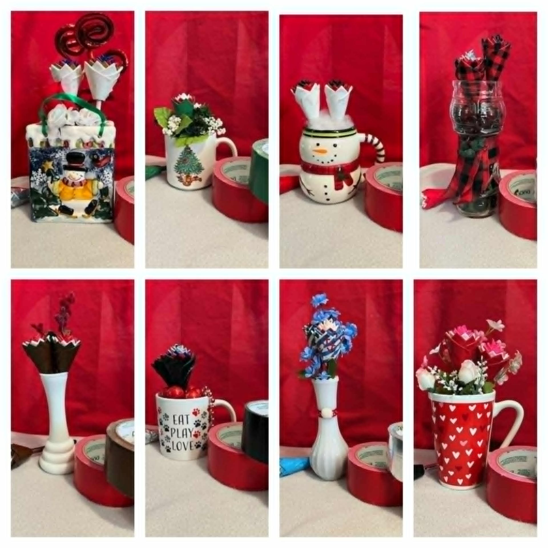 Eight decorative arrangements in festive cups, vases, and jars, with floral and gift-like details against a red backdrop.