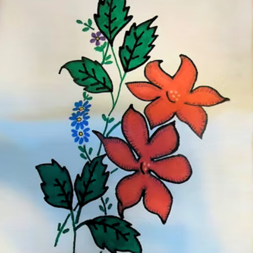 Flowers painted in red and orange with green leaves on a white background.