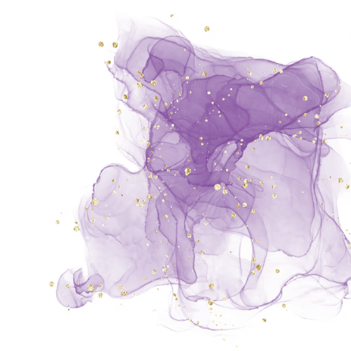 Purple and gold watercolor abstract design on a white background.