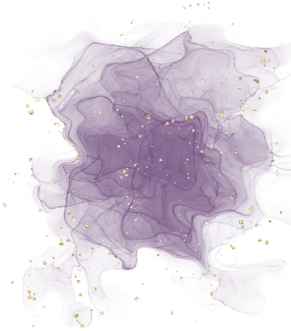 Purple and lavender ink art with gold flecks against a white background.