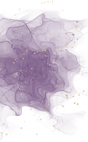 Abstract purple ink blot with gold flecks on white background.