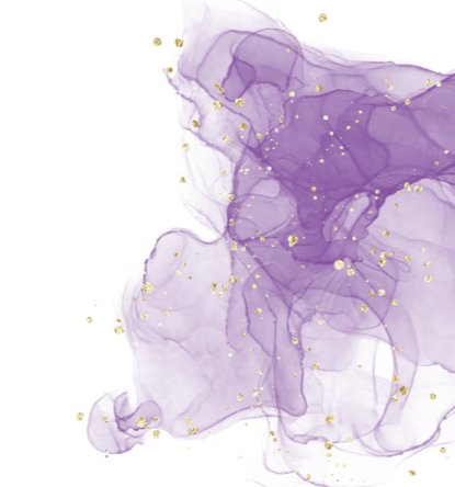 Abstract watercolor art in shades of purple with gold flecks on white background.