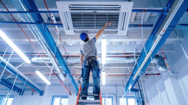 A man is standing on a ladder working on a ceiling fan.