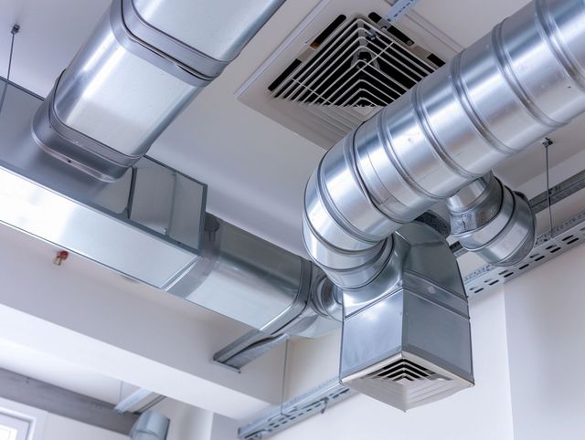 A bunch of metal pipes are hanging from the ceiling of a building.