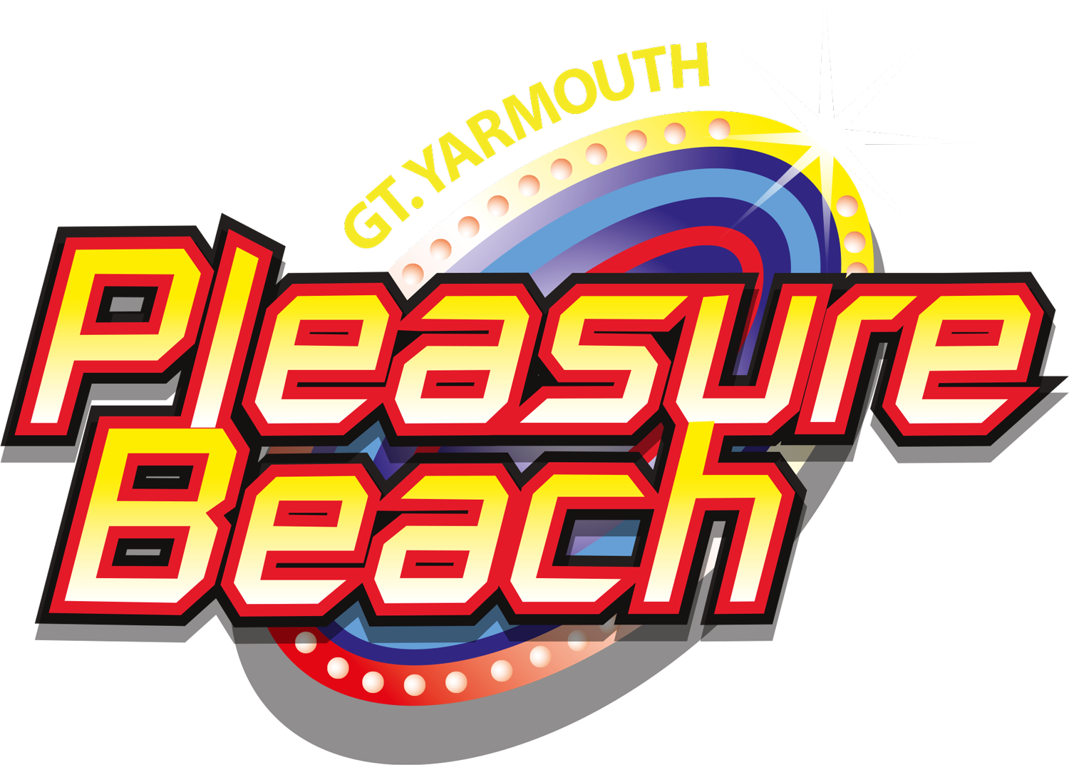 Pleasure Beach logo with red and yellow lettering over a colorful circular swirl and stars