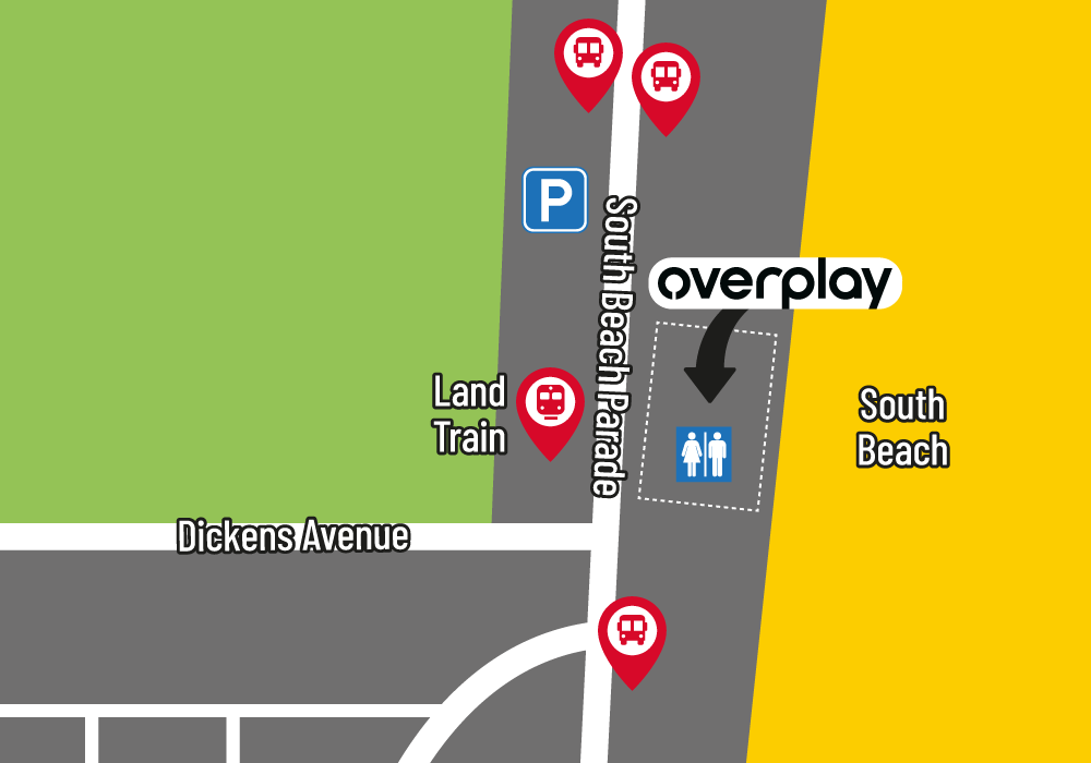 Map showing Overplay near South Beach, Land Train, Dickers Avenue, and accessible parking/restrooms.