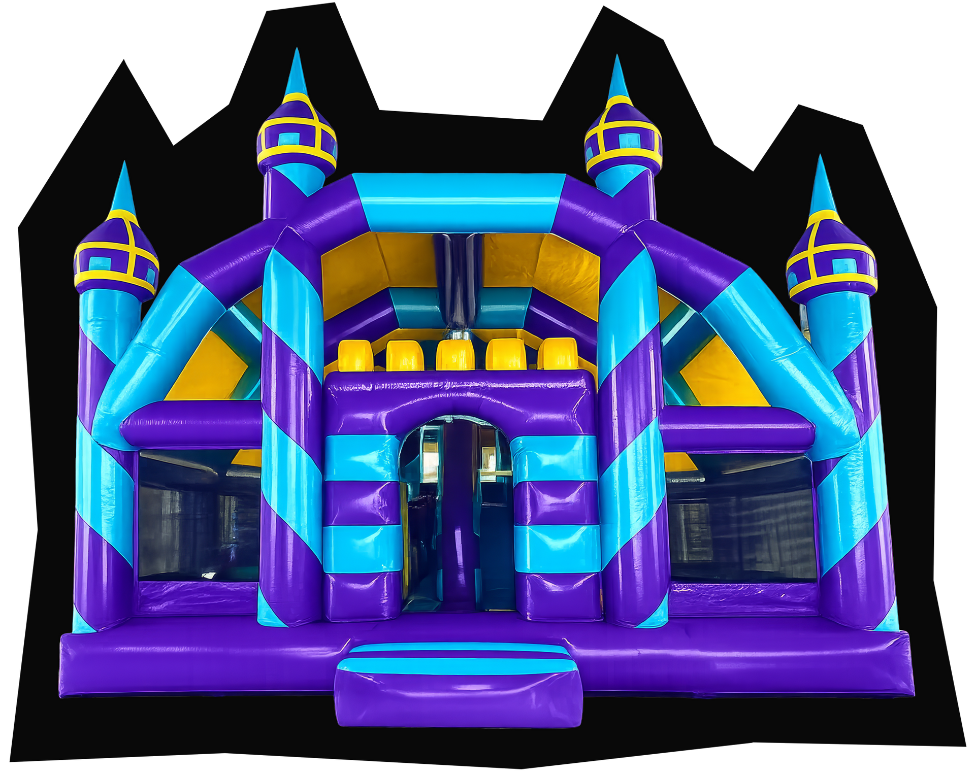 Inflatable bounce house shaped like a castle, purple, blue, and yellow with mesh sides.