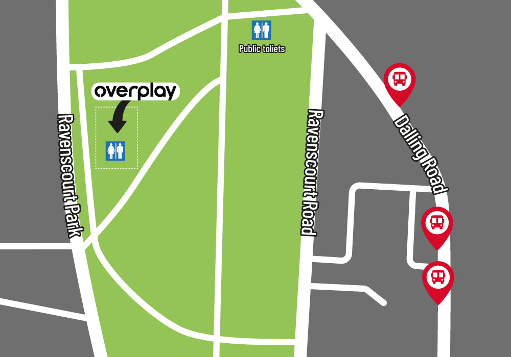 A map showing Ravenscourt Park, street names, bus stops on Dalling Road, and icons marking public toilet locations.