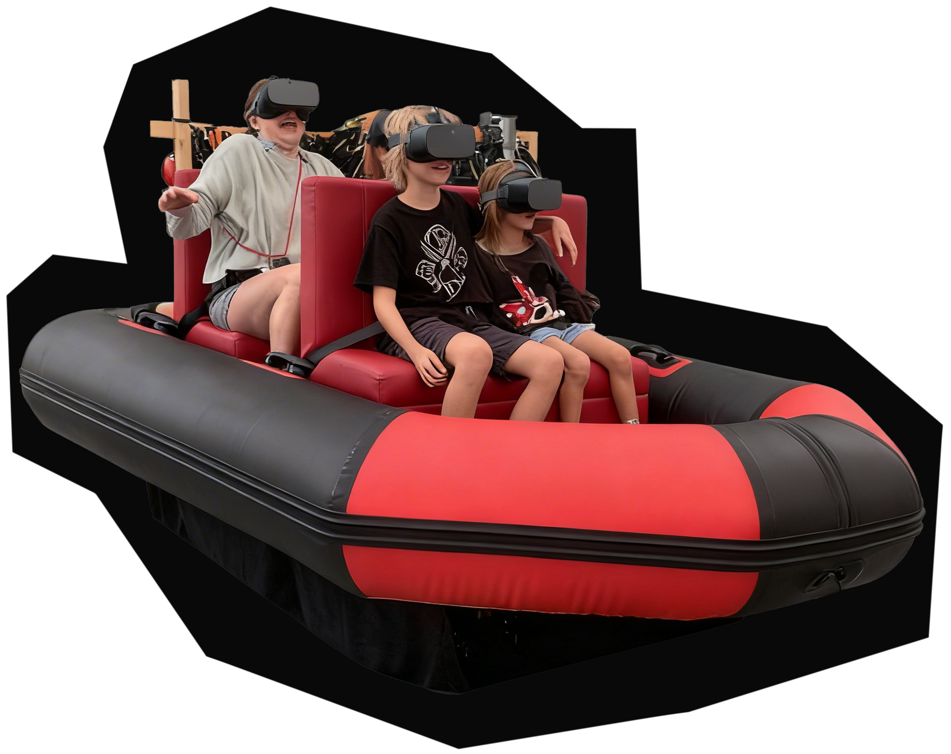 People wearing VR headsets in a red and black inflatable boat.