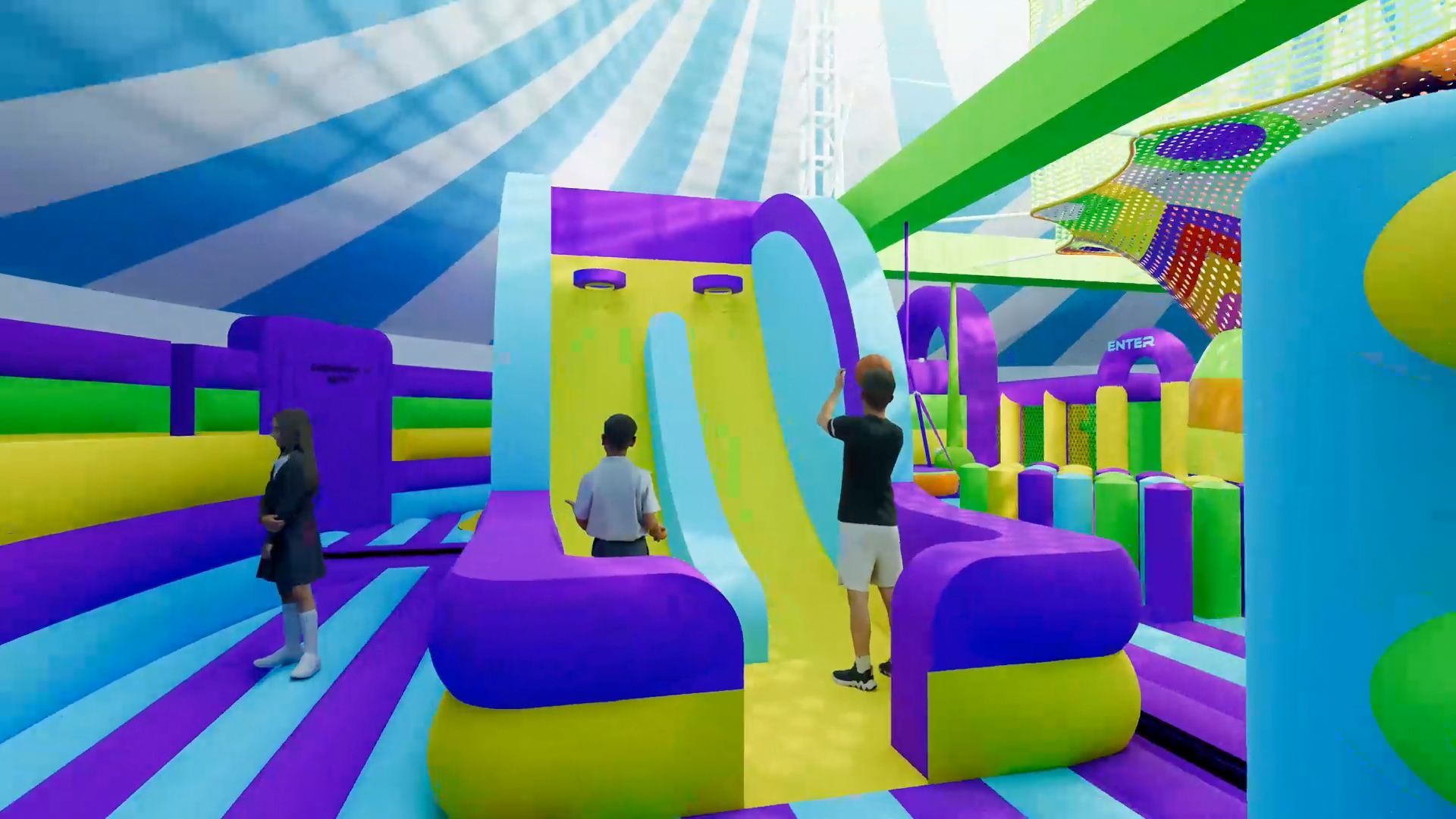 A group of people are standing in a colorful inflatable playground.