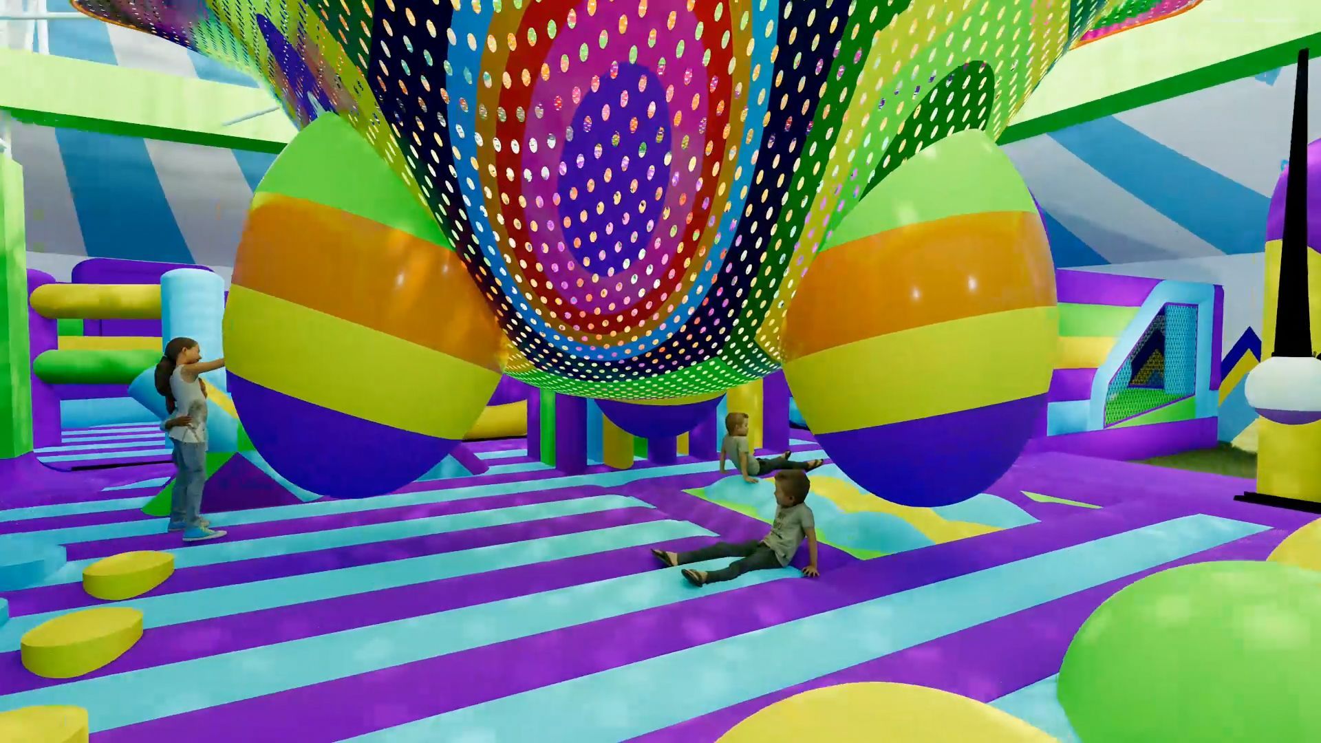 A group of children are playing in a colorful inflatable playground.