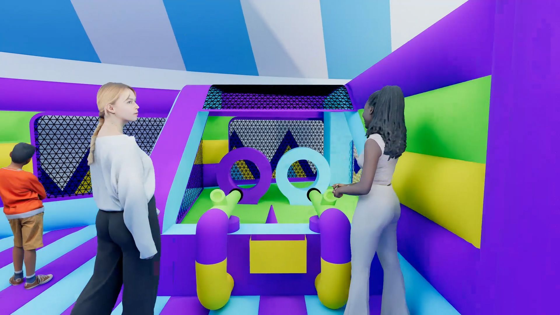 A group of people are standing in a colorful room.