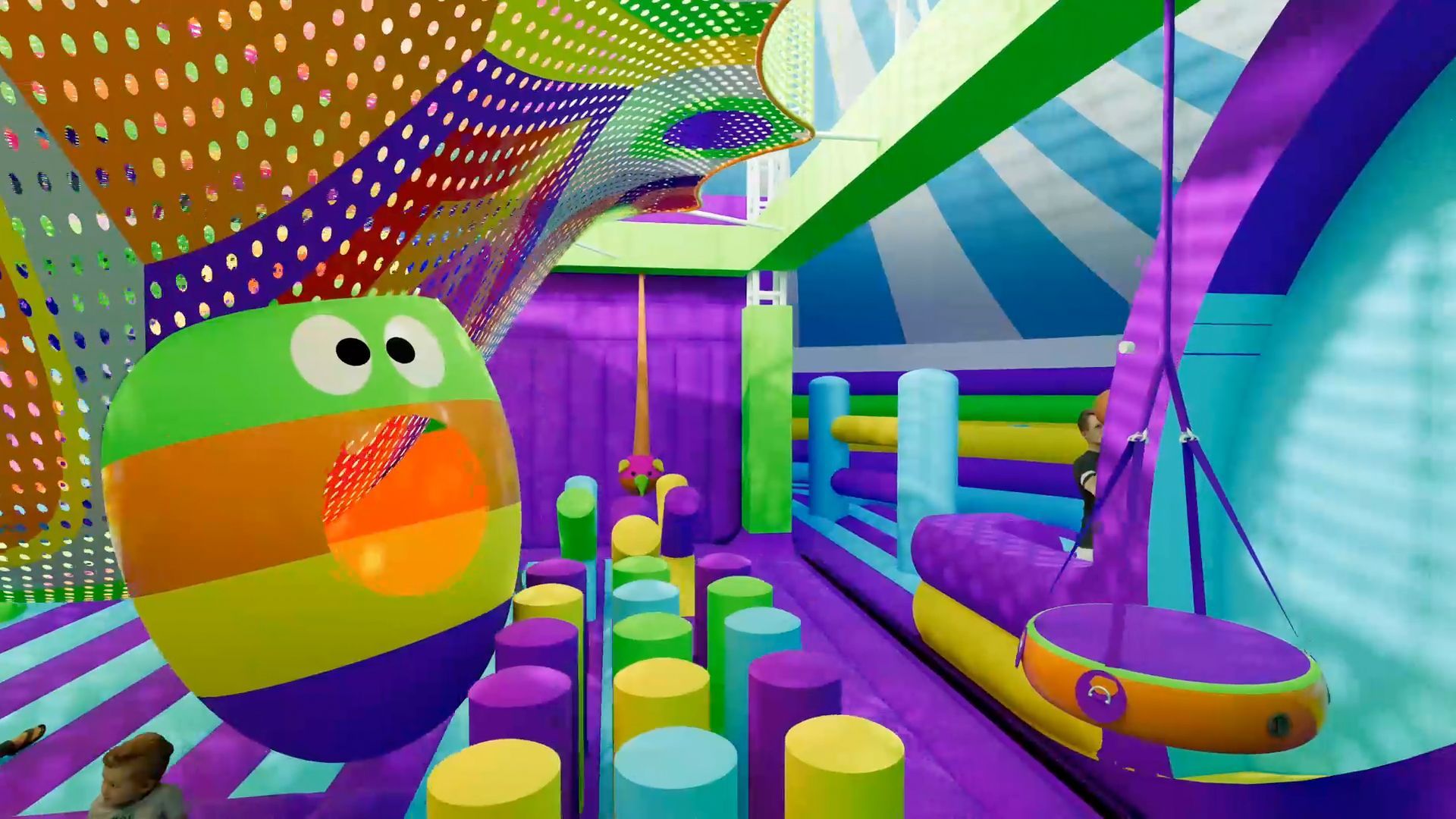 A colorful room with a green ball in the middle of it.