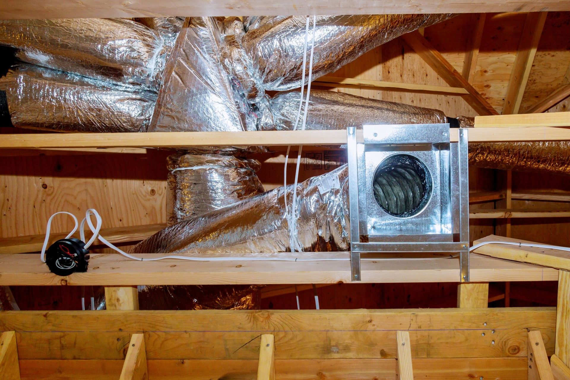 HVAC ductwork and a metal duct register installed within an attic space with wooden rafters.