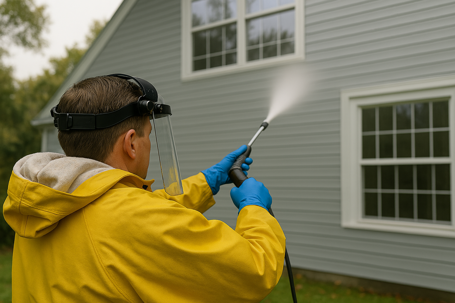 A man in a yellow jacket is cleaning the side of a house with a pressure washer.