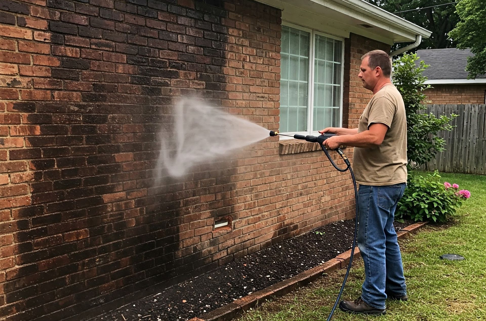 A man is cleaning a brick wall with a pressure washer.