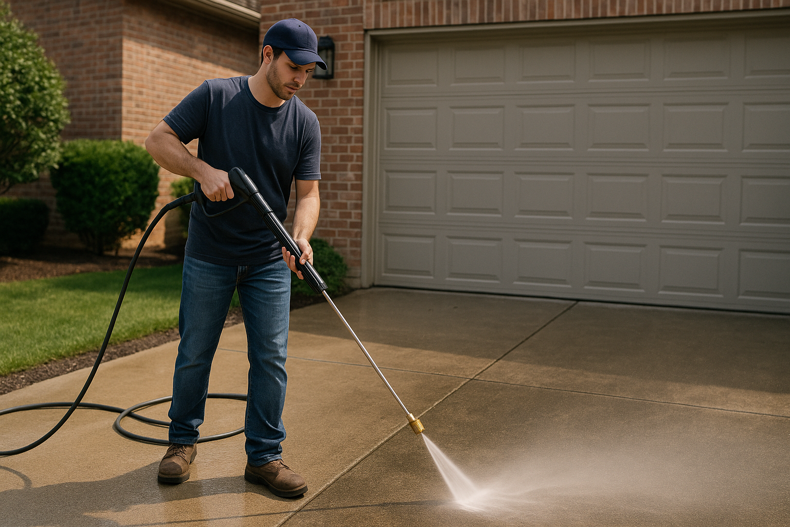 A man is using a high pressure washer to clean a driveway in front of a garage.