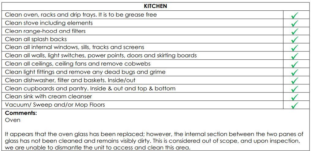 A checklist for cleaning a kitchen with a list of items to clean.