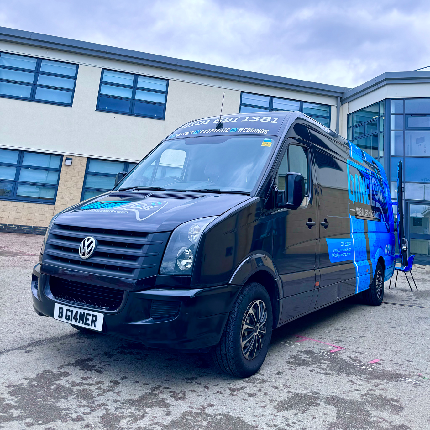 Our gaming van is parked in front of a business offering gaming for staff members.