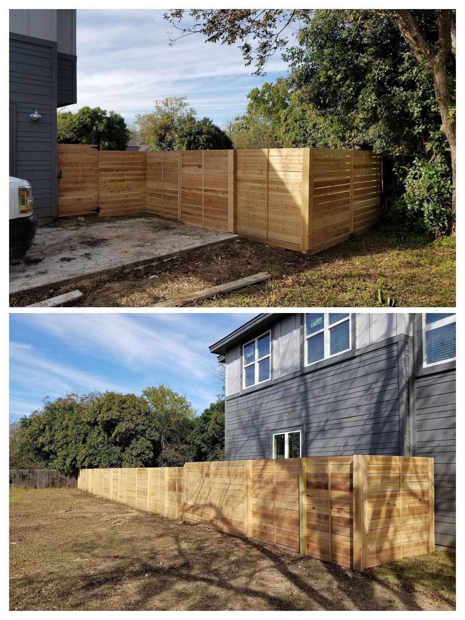 A before and after picture of a wooden fence in front of a house.