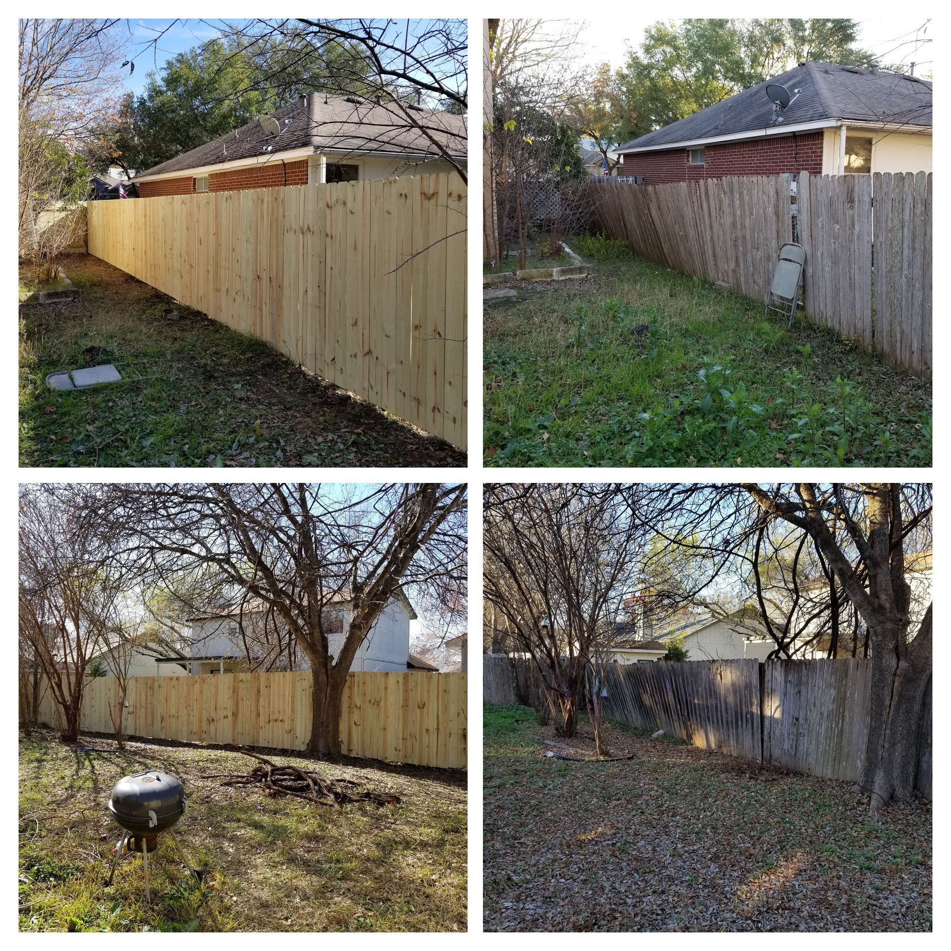 A collage of four pictures of a wooden fence in a backyard.