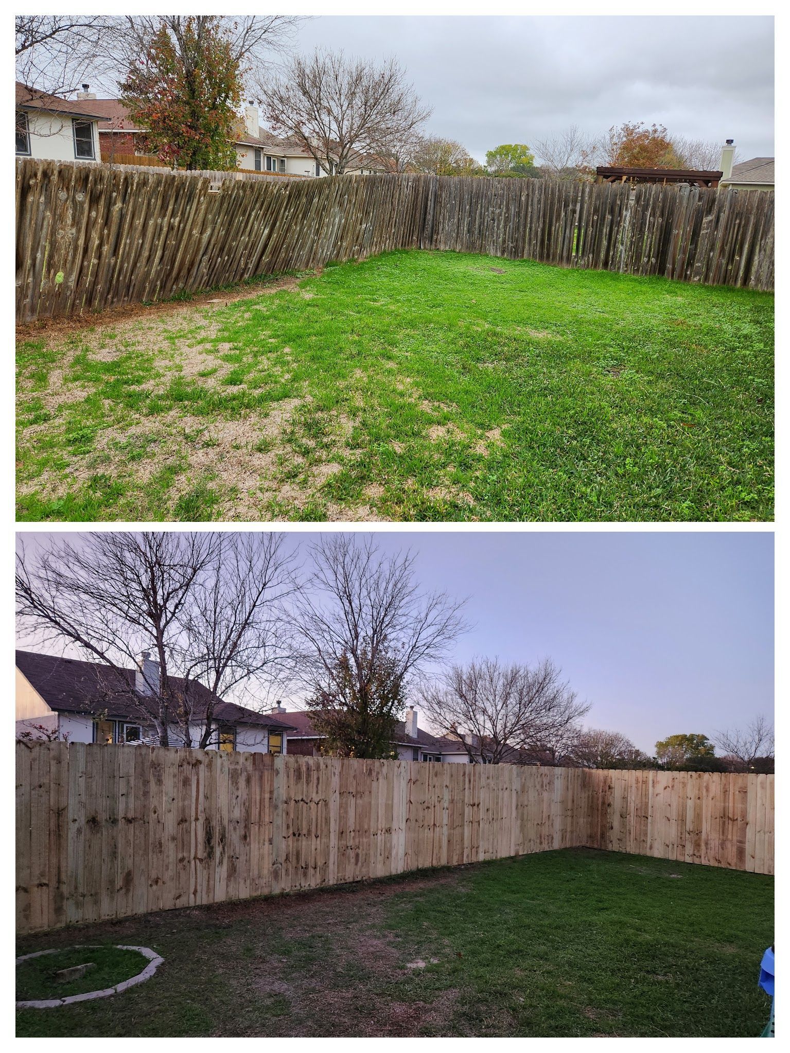 A before and after picture of a backyard with a wooden fence.