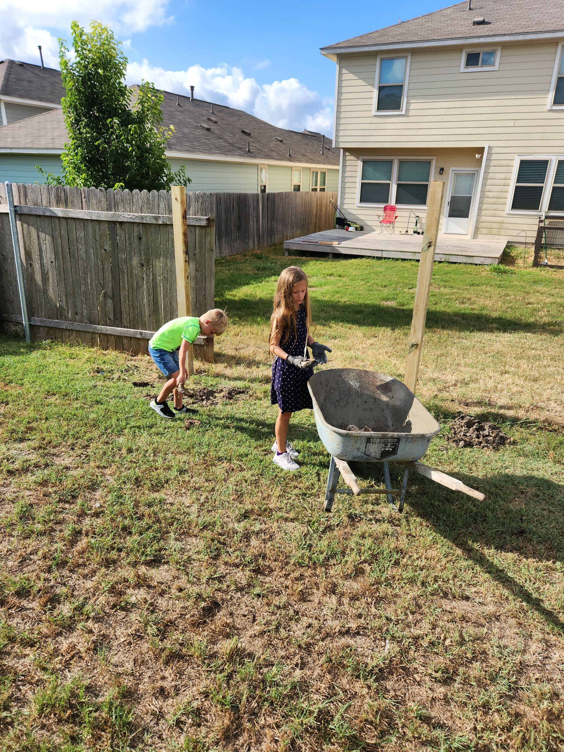 A boy and a girl are playing with a wheelbarrow in a backyard.