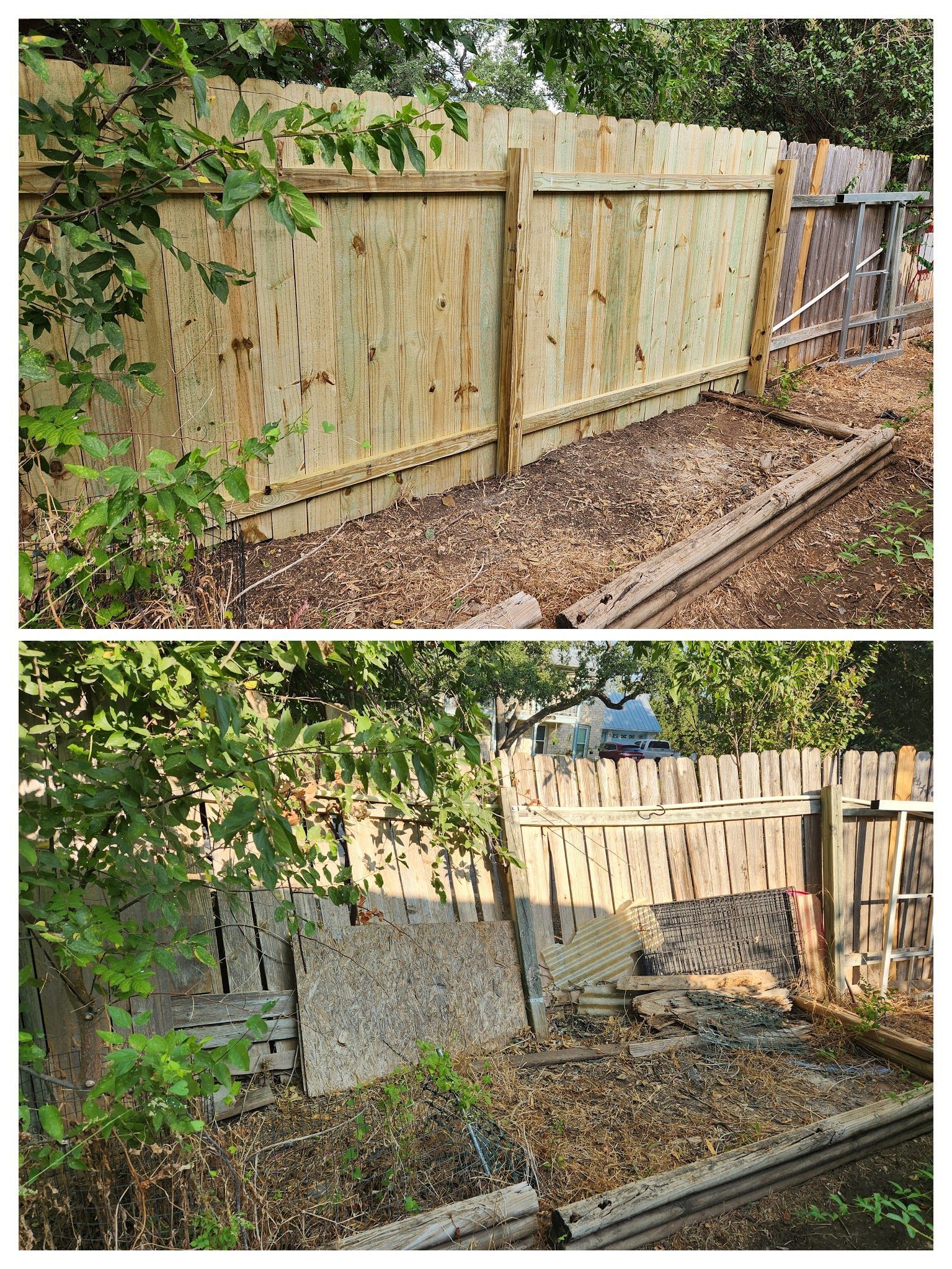 A before and after picture of a wooden fence.