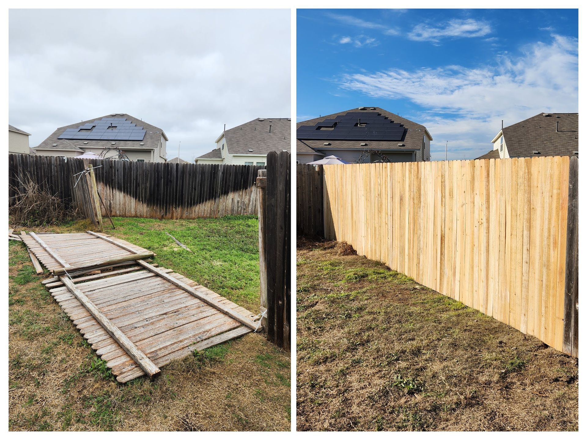 A before and after photo of a wooden fence in a backyard.